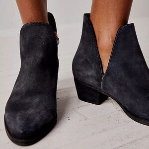 Free People Charm Double-V Ankle Bootie in Navy Suede